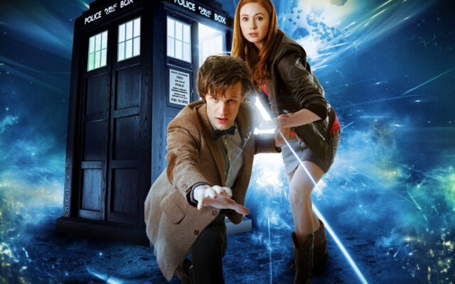 A scene featuring Doctor Who Matt Smith and his companion in front of the TARDIS, 2K Desktop Wallpaper