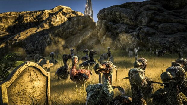A group of dodo creatures is seen near ancient graves with rocky hills in the background in Ark Survival Evolved wallpapers, HD Desktop Wallpape