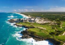 The image shows a beautiful coastal area with waves crashing on rocky shores and green golf course land, featuring Dominica wallpapers, HD Desktop Wallpaper