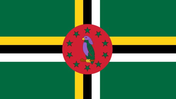 The image shows the Dominica flag with a purple parrot on a red circle and green stars, 4K Desktop Wallpaper