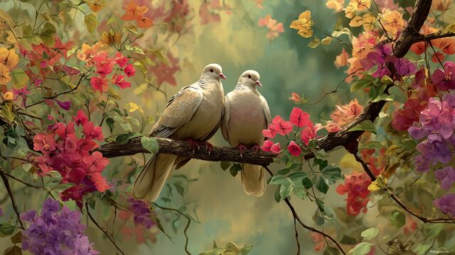 Dove Background Download For PC, A Tranquil Nature Scene With Doves Gracefully Perched On A Branch Surrounded By Vibrant Flowers