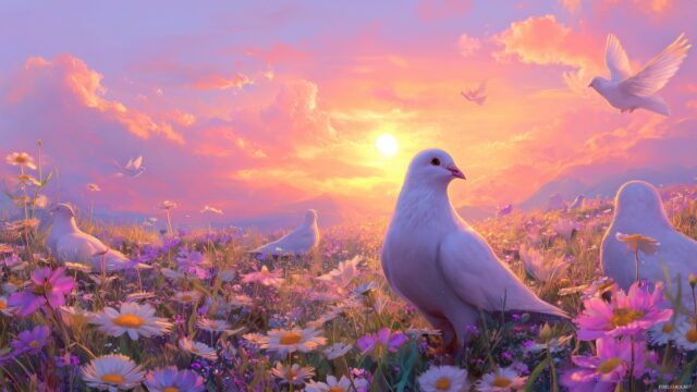 Dove Background Download For PC, A Vibrant Scene Of Doves In A Flower Filled Meadow During Sunrise