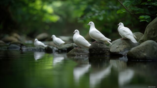 Dove Background Download For PC, A Peaceful Image Of Doves Resting On Rocks By A Quiet Stream