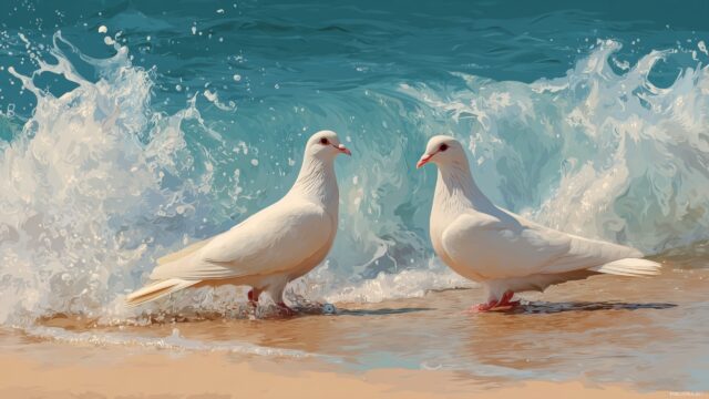 Dove Background For Windows 10, A Gentle Depiction Of Doves Amid A Sandy Beach With Waves Lapping Gently