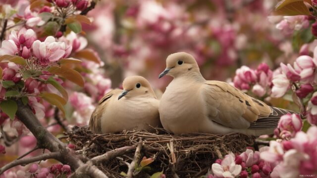 Dove Background For Windows 10, A Soothing View Of Doves Nesting In A Peaceful Garden Filled With Blooming Trees