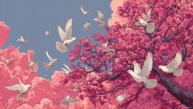 Dove Background For Desktop Wallpaper, A Vibrant Landscape Filled With Doves Taking Flight From A Flowering Tree