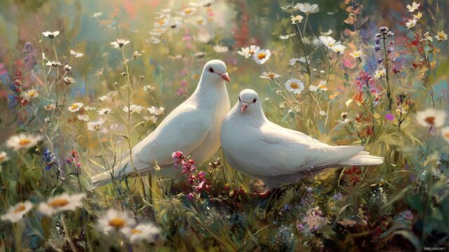 Dove Background For Desktop Wallpaper, An Enchanting Scene Of Doves In A Field Of Wildflowers Under A Bright Sun