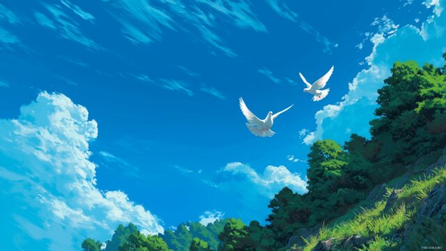 Dove Background For Desktop Wallpaper, A Serene Landscape Featuring Doves Soaring Against A Bright Blue Sky And Lush Greenery
