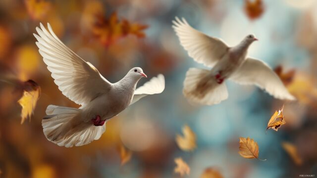 Dove Background High Resolution, A Stunning Vista Showcasing Doves Flying Against A Backdrop Of Autumn Leaves
