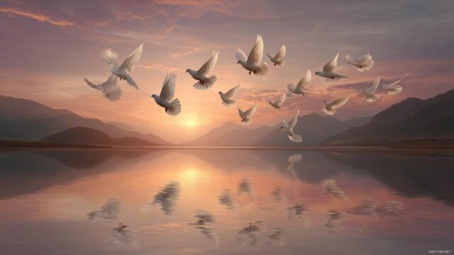 Dove Background High Resolution, An Elegant Composition Of Doves Flying Over A Tranquil Lake Reflecting The Sunset