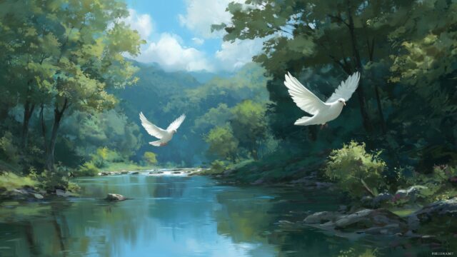 Dove Background Nature Scenes, A Tranquil Setting Featuring Doves In Flight Over A Serene River Surrounded By Trees