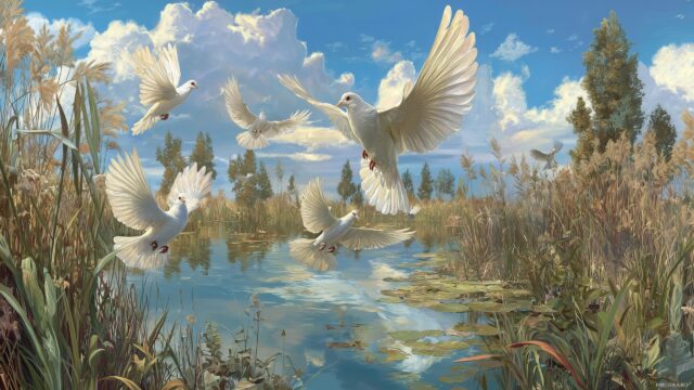 Dove Background Nature Scenes, A Delightful Panorama Of Doves Taking Off From A Serene Pond Surrounded By Tall Grass