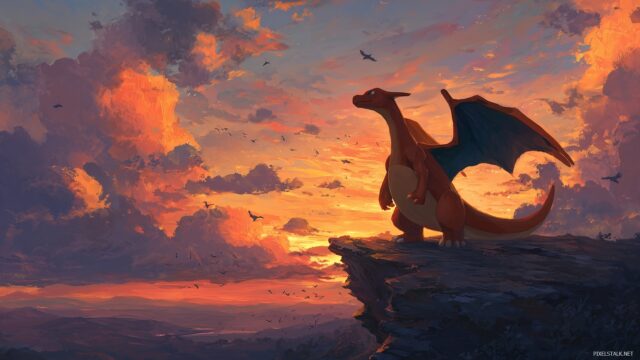 Download Free Pokemon Charizard HD Desktop Background , Charizard Perched On A Rocky Cliff During Sunset, With Vibrant Colors
