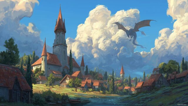 Dragon Background For Desktop, A Quaint Village Under The Watchful Eye Of A Dragon Soaring Above, An Embodiment Of Guardianship