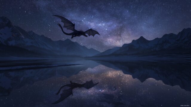 Dragon Background For Mac, A Mythical Dragon Flying Over A Shimmering Lake Under A Starry Night Sky, Reflecting Its Powerful Presence