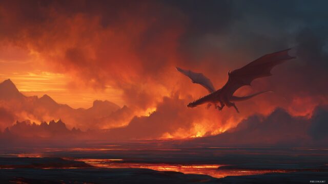 Dragon Background Free Download, A Dragon In A Fiery Landscape With Molten Lava And Ash, Illustrating The Power Of Nature