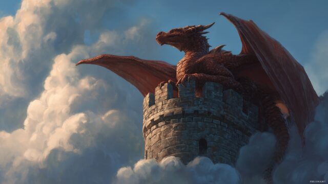 Dragon Background High Quality, A Dragon Resting Atop A Castle Tower, Surveying Its Realm With A Sense Of Pride And Authority