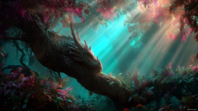 Dragon Background High Resolution, An Ancient Dragon Entwined With Mystical Vines In An Enchanted Forest, Radiating An Aura Of Magic