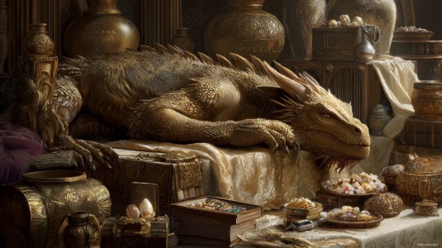 Dragon Desktop Background HD, A Regal Dragon Resting On A Throne Of Gold, Surrounded By Treasures And Ancient Relics, Evoking A Sense Of Majesty