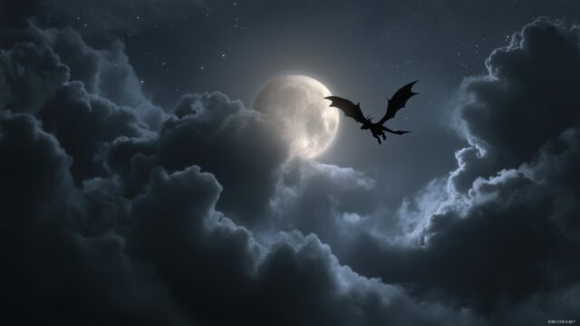 Dragon Desktop Background HD Free Download, A Dragon Silhouetted Against A Full Moon, Surrounded By Clouds And Stars, Enhancing The Mystical Vibe
