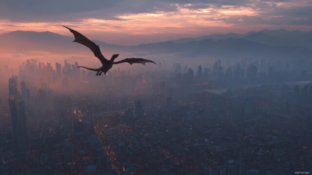 Dragon Desktop Background Free Download, An Elegant Dragon Gliding Above A Sprawling City At Dusk, Blending Fantasy With Urban Life
