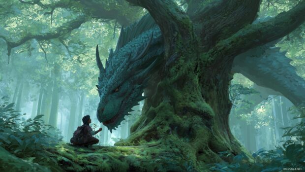 Dragon HD wallpaper, a fantasy illustration of a dragon communicating with an ancient tree, intertwined with nature and magic.