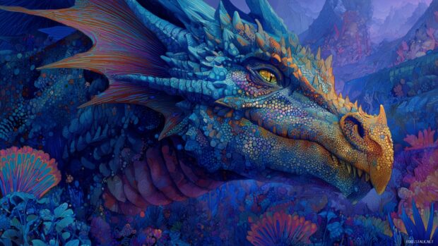Dragon PC wallpapers, an artistic representation of an ancient dragon with intricate patterns and colors, blending into a fantasy landscape.