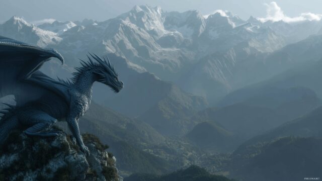 Dragon Wide Screen Desktop Background, A Fierce Dragon Perched On A Mountain Peak Overlooking A Serene Valley Below, Showcasing Its Grandeur