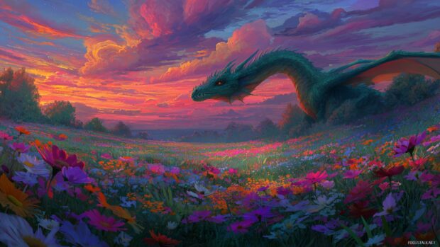 Dragon art wallpapers, a surreal landscape featuring a dragon dancing in a field of flowers with a colorful sunset casting warm hues.