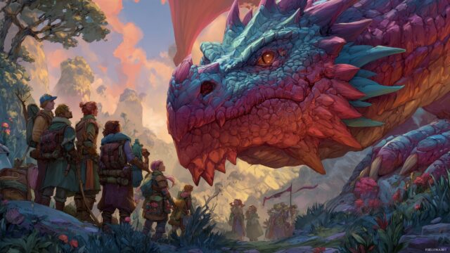 Dragon Best Quality Desktop Background, A Colorful Dragon Interacting Playfully With A Group Of Adventurers In A Lively Fantasy Setting