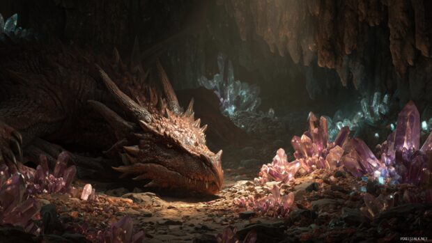 Dragon desktop backgrounds, a fierce dragon guarding a treasure hoard in a dark, enchanted cave illuminated by glowing crystals.
