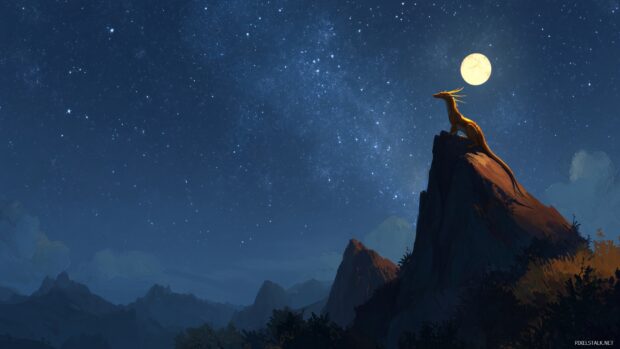 Dragon desktop backgrounds, a tranquil dragon perched atop a mountain peak under a starry night, with a glowing moon in the background.