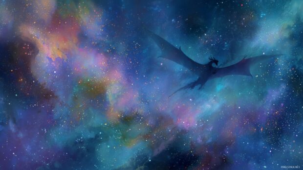Dragon desktop backgrounds, an ethereal scene of a dragon flying through a galaxy filled with vibrant colors and stars.
