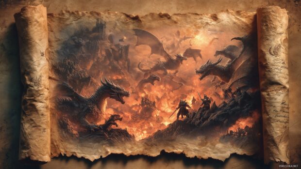 Dragon fantasy wallpapers, an ancient scroll depicting an epic battle between dragons and knights in a magical realm.