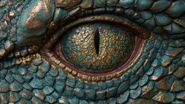 Dragon wall decor, a close up portrait of a dragon eye, showcasing deep gold and emerald hues with intricate scales and textures.