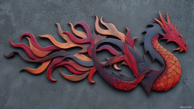 Dragon wall decor, a stylized depiction of a dragon entwined with flames, creating a dynamic and powerful visual.