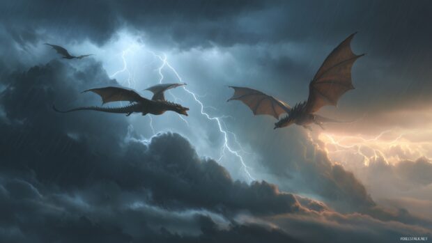 Dragon wallpapers HD, a breathtaking scene of two dragons battling in the sky amidst a thunderstorm and dramatic lightning.
