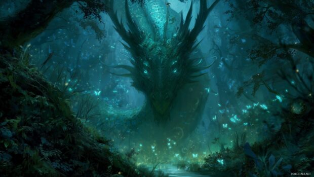 Dragon wallpapers hd, a dragon emerging from a mystical forest, with glowing runes and fantastical creatures surrounding it.