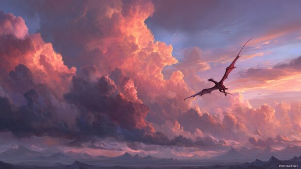 Dragon wallpapers hd, a mystical dragon soaring through a vibrant sunset sky with clouds and mountains in the background.