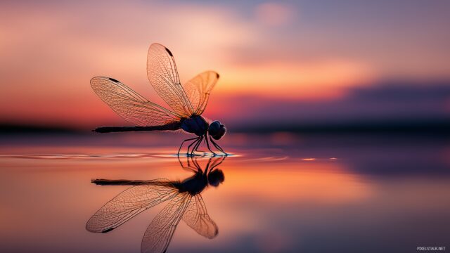 Dragonfly Background, A Picturesque Sunset Silhouette Of A Dragonfly Casting A Shadow Over A Calm Water Surface