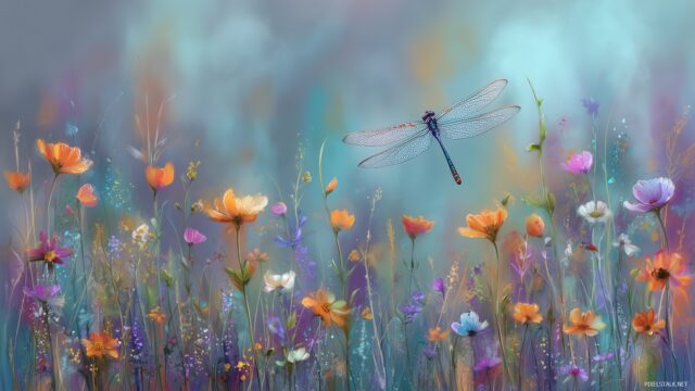 Dragonfly Background For Mac, A Whimsical Interpretation Of A Dragonfly Fluttering Through A Dreamy Meadow Filled With Colorful Wildflowers