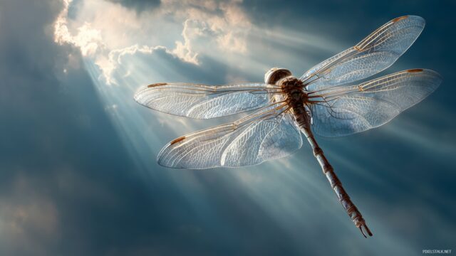 Dragonfly Desktop HD Background, A Clear View Of A Dragonfly Against A Cloudy Sky With Rays Of Sunshine Breaking Through