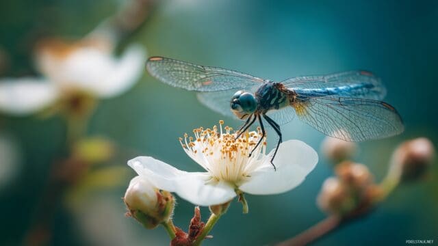 Dragonfly Desktop HD Background Free Download, An Enchanting Scene Of A Dragonfly Perched Delicately On A Blooming Flower Amidst A Bright Sunny Day