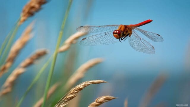 Dragonfly HD Background, A Vibrant Dragonfly Captured Mid Flight With Wind Swept Grass In The Foreground On A Sunny Day
