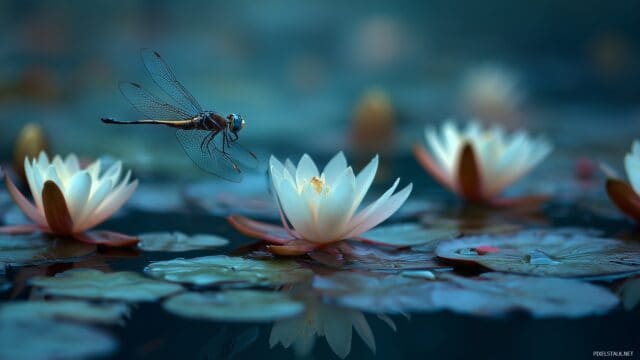 Dragonfly HD Background Free Download, A Serene Picture Of A Dragonfly Hovering Over A Tranquil Stream Dotted With Water Lilies