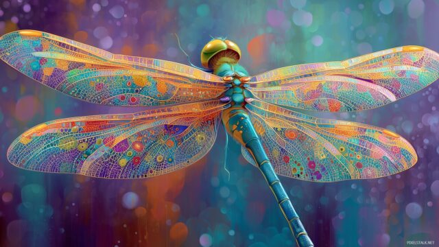 Dragonfly HD Desktop Background, An Artistic Portrayal Of A Dragonfly Artwork Blended Seamlessly With Colorful Abstract Patterns