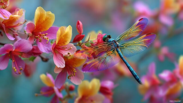 Dragonfly Best Quality Desktop Background, A Magical Forest Setting Where A Colorful Dragonfly Dances Among Vibrant Blossoms