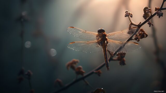 Dragonfly High Quality Background, A Striking Scene Of A Dragonfly Resting On A Branch Surrounded By Misty Morning Light