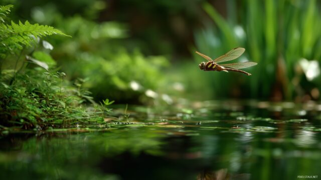 Dragonfly High Resolution Desktop Background, A Serene Landscape Featuring A Vibrant Dragonfly Hovering Over A Glistening Pond Surrounded By Lush Greenery
