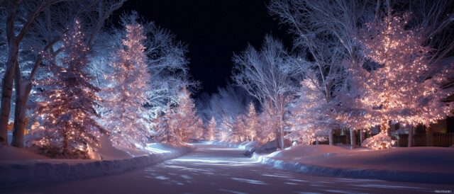 Dual Monitor Images Desktop Wallpaper HD, An Enchanting Winter Wonderland With Snow Covered Trees And Twinkling Lights Tailored For Dual Screens